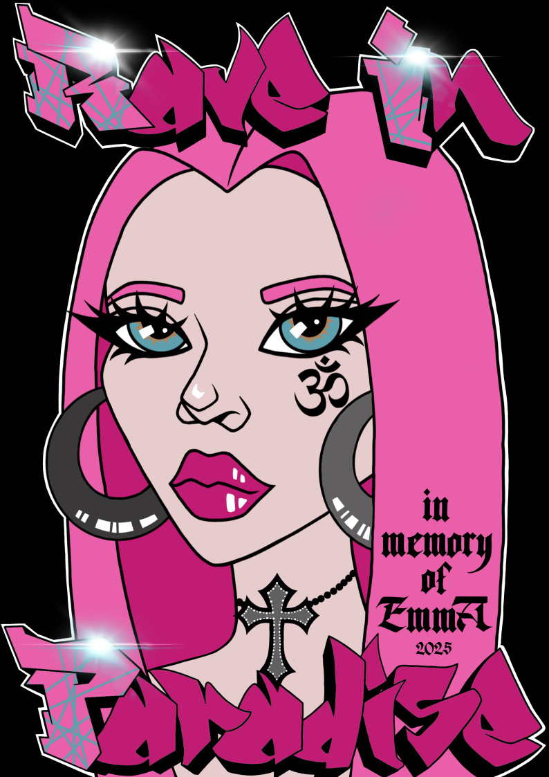 Cartoonisches Portrait, "Rave in Paradise", "in memory of Emma 2025"
